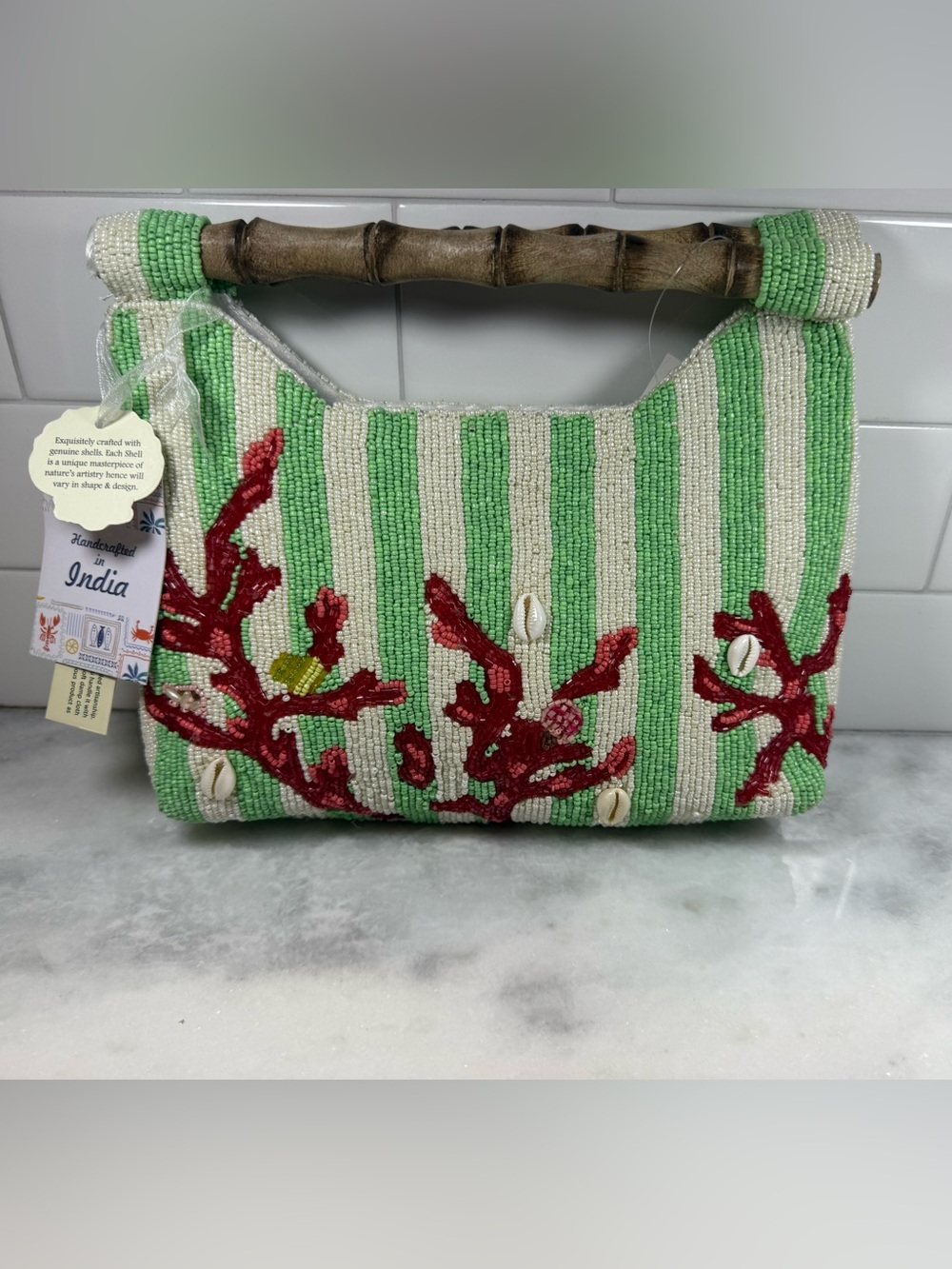 NEW RELEASE Made In India Beaded Sea Coral Green White Striped Bamboo Clutch NWT